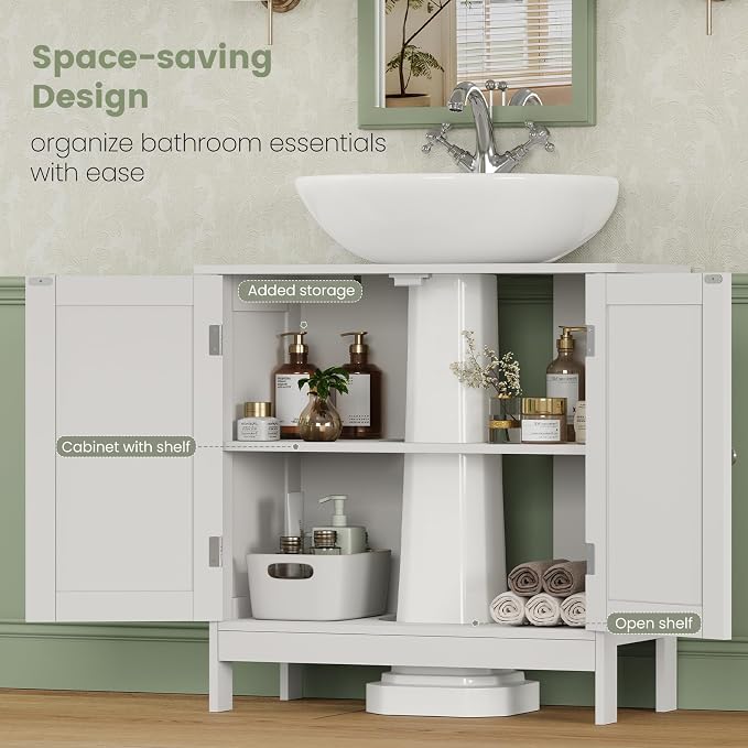 Iwell Pedestal Sink Storage Cabinet with 2 Doors and Shelf, Under Sink Cabinet, Bathroom Sink Cabinet with U-Shape, White