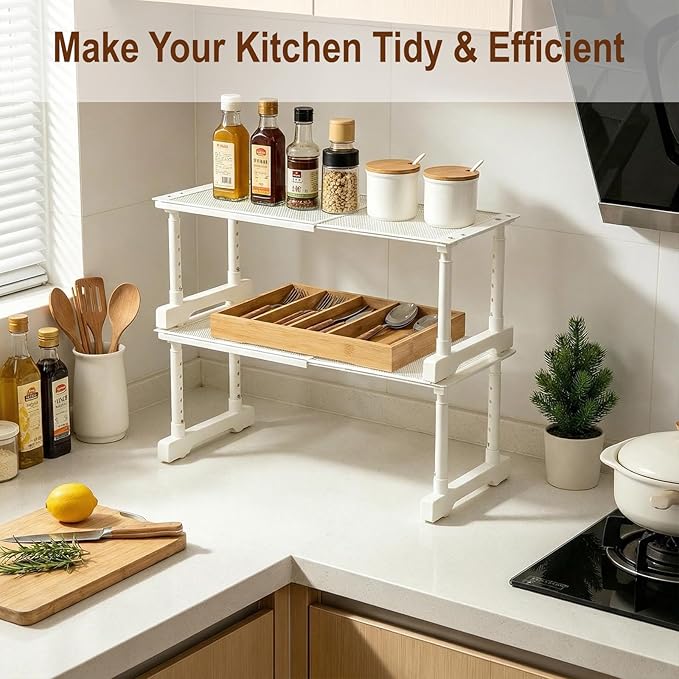 Expandable Cabinet Organizer Shelf, Adjustable Height Under Sink Storage Organizer, Shelf Riser for Kitchen, Bathroom, Wardrobe, Under Sink Counter(Beige) (2)