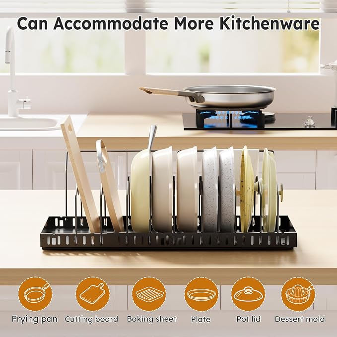DTUQYX Pull Out Pot and Pan Organizer - 2 Pack Pots and Pans Organizer Under Cabinet Expandable Kitchen Pot Lid No Drill with 20 Adjustable Dividers and Towel Bar（Black,16.53-21.25in）