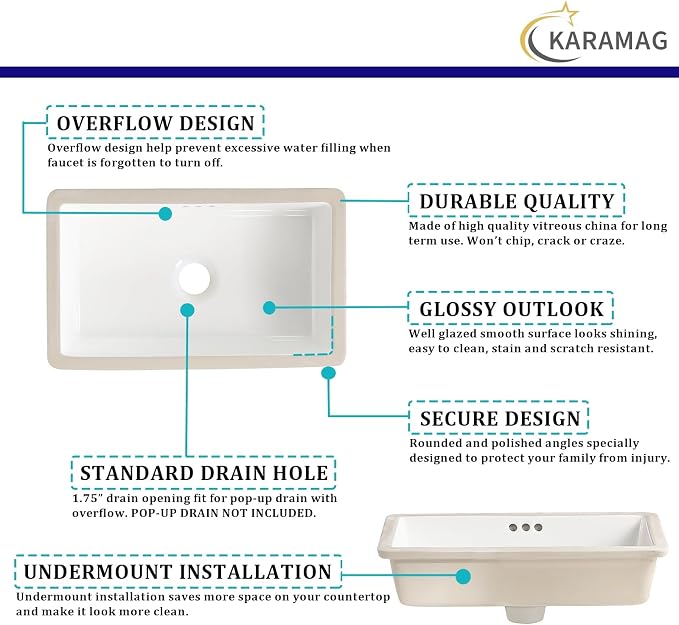 22 Inch Undermount Bathroom Sink Rectangle Undermount Sink White Ceramic Under Counter Bathroom Sinks with Overflow (21.8"x14.0")