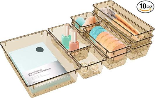 StorMiracle 10 PCS Drawer Organizer Set, 5 Varied Size Bathroom and kitchen Drawer cabinet organizer Trays, Clear Storage Bins for Makeup, Jewelry, Utensils and Gadgets, Champagne