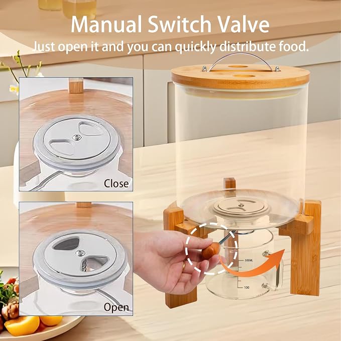 Rice Dispenser, Rice Storage Container, Flour and Cereal Container for Kitchen Organization and Pantry Store, Glass Cereal dispenser with Airtight Lid and Wooden Stand 8L