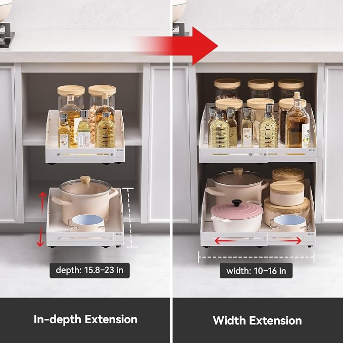 Cabinet Organizer - Zero-Drill Installation, 4-Way Expansion, Modern Design for Kitchen & Pantry Depth (15.8"-23") & Width (10"-16")