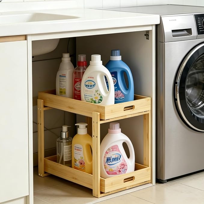Under Sink Organizer and Storage - 2-Tier Bamboo Kitchen Cabinet Shelf with Adjustable Levels, Undersink Organization Slide Out for Bathroom Cabinet Pantry