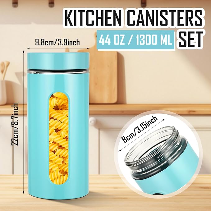 Mimorou 3 Pcs Stainless Steel Canister Set with Glass Windows Visible Storage Jars Silver Kitchen Canister Set for Pasta Flour Oat Sugar Container, Kitchen Tools, Housewarming Gifts(Turquoise,44 oz)