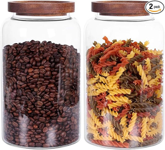Large Glass Jar with Airtight Lid Set of 2 93 FL OZ(2750ml) glass canister set, Glass Food Containers Wooden Lid Suit for Kitchen Pantry for Flour, Tea, Coffee Beans, Sugar, Cookies(8.8 inch high)