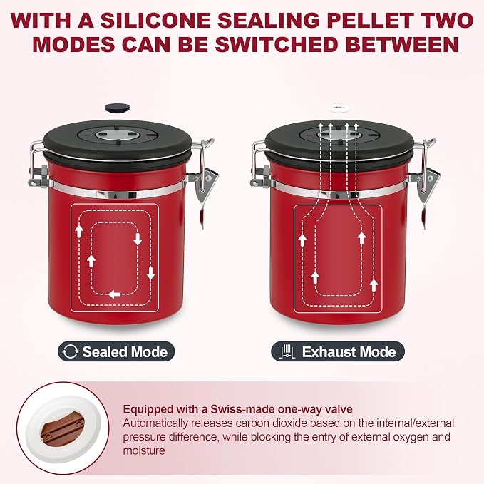 ShanSon Coffee Canister Airtight, Stainless Steel Bean Storage Container with Date Tracker & Scoop, Grounds Sugar Flour Tea Cereal Fits Kitchen Pantry, Ideal Gift for Coffee Lovers,12oz,Red