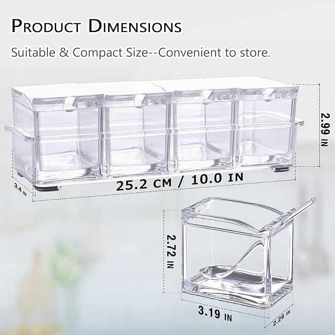 Clear Seasoning Box,V-Resourcing 4 Pieces Clear Seasoning Storage Container for Spice Salt Sugar Cruet,Condiment Jars with Spoons…