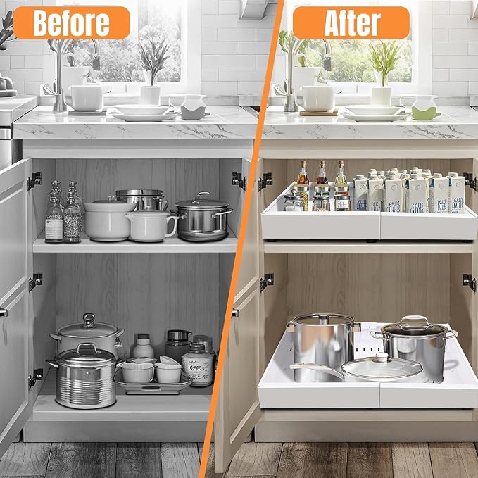 Expandable Metal Pull Out Cabinet Organizer 21"Deep with Raising Pad for Framed Cabinets/Pantry,Upgrade 3 Slide Rails Sliding Drawer for Cabinets with Adhesive Adjustable Width 12.05"-20.4"White 2P