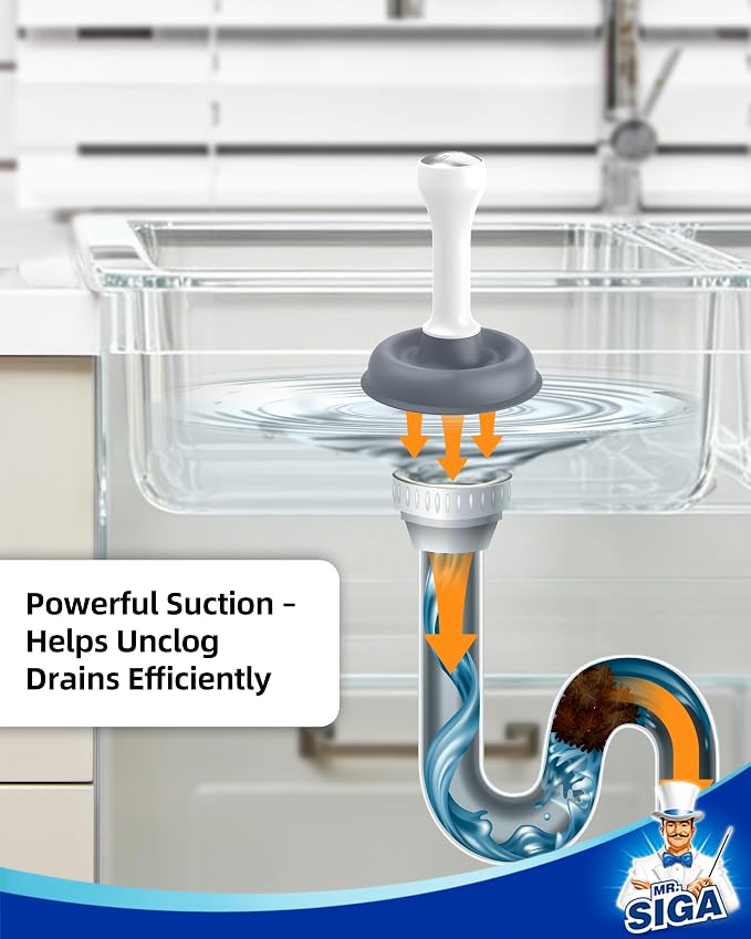 MR.SIGA Mini Drain Plunger, Sink Drain Plunger with Strong Suction, Compact Design, Powerful Small Plunger for Bathroom Sinks, Kitchen Sinks, Tubs, Shower Drains, Length 6.3 Inch(16 cm), White & Gray