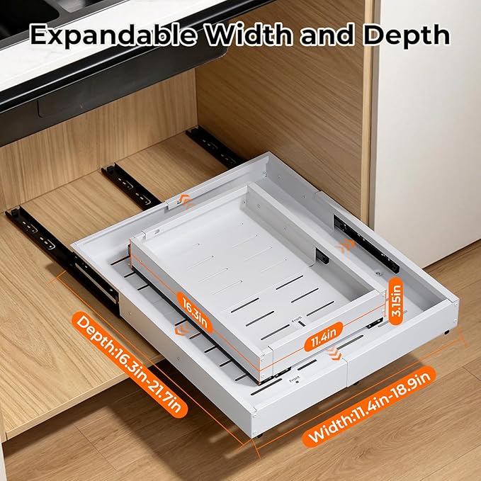 UFORU Pull Out Cabinet Organizer,4-Side Expandable Slide Out Drawer with 3 Rails, Adjustable Width 11.4"-18.9" & Depth 16.3"-21.7", No Drill Adhesive or Nail Fixed Roll Out Shelves for Kitchen, Pantry