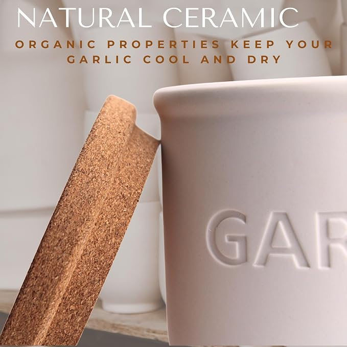 Okavango Garlic Keeper - White Ceramic Container with cork lid - Garlic Storage - Garlic Holder Countertop - Garlic Jar -Saver - Bowl - Garlic Cellar (White, 16oz)