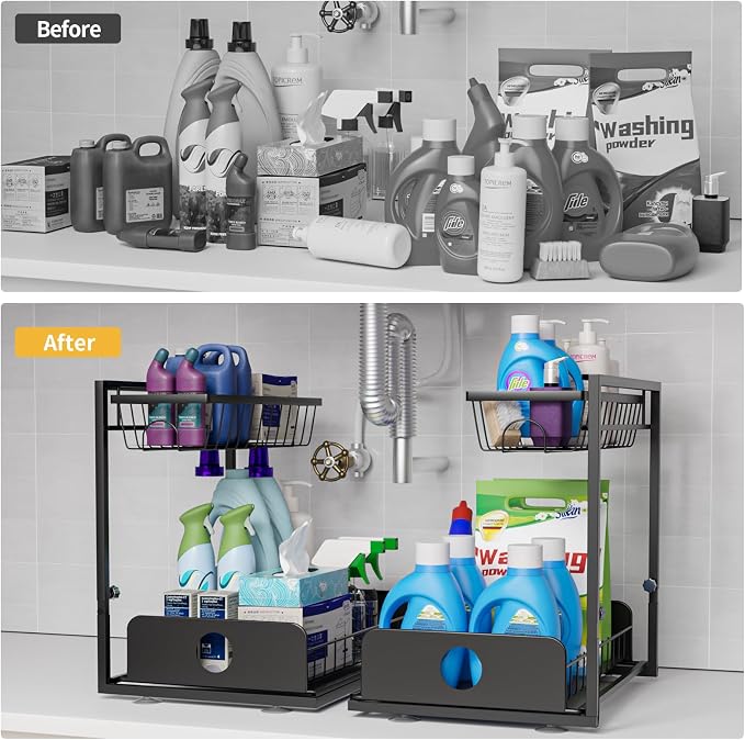 2 Pack Under Sink Organizers, Height Adjustable Under Sink Organizers And Storage, 2 Tier Pull Out Drawer Sturdy Metal Cabinet Organizer For Kitchen Bathroom Pantry