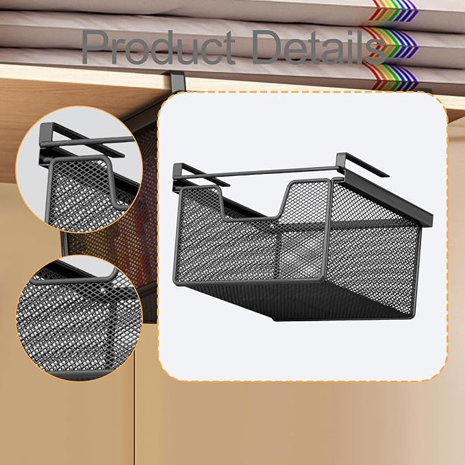 under Shelf Basket Organizer Practical Versatile Black Hanging Holder Storage for Office Cupboard under Desk Wardrobe Counter, Length 46 cm