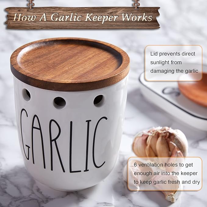 DAYYET Garlic Keeper for Counter, Ceramic Garlic Keeper with Acacia Wood Lid, Garlic Holder Storage Container to Keep Your Garlic Cloves Fresh Longer, Garlic Saver for Kitchen, White