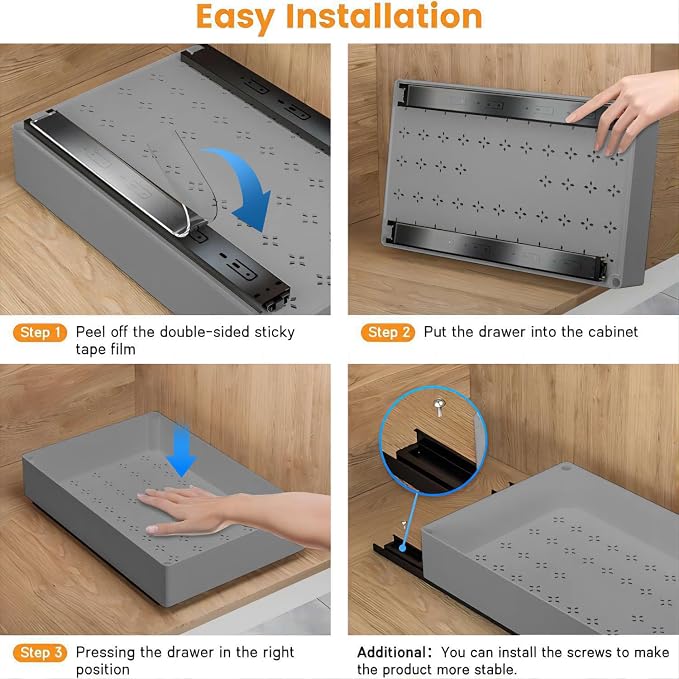 Garvee Expandable Pull Out Cabinet Organizer, 15.75'' Heavy Duty Peel and Stick Roll Out Drawer for Pots and Pans Adjustable Adhesive No Drill Screw Slide Out Drawers for Kitchen Gray