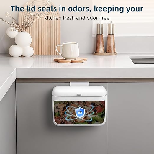 MUEE Compost Bin Kitchen for Counter Top or Under Sink, Hanging Small Trash Can with Lid [1.3 Gal/5L], Food Waste Bin, Mountable Garbage Can for Cupboard/Bathroom/Bedroom/Office/RV, Matte White