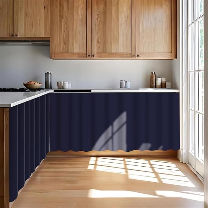 Under Sink Curtain for Closet, Privacy Short Cabinet Curtain Self Stick Adhesive Desk Skirt for Kitchen Classroom, Navy Blue, 39" W x 32" L