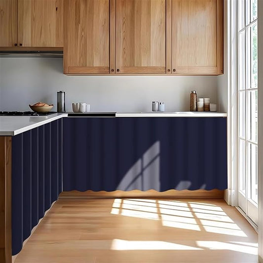 Under Sink Curtain for Closet, Privacy Short Cabinet Curtain Self Stick Adhesive Desk Skirt for Kitchen Classroom, Navy Blue, 55" W x 39" L