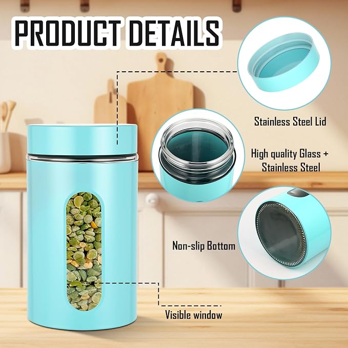 Mimorou 3 Pcs Stainless Steel Canister Set with Glass Windows Visible Storage Jars Silver Kitchen Canister Set for Pasta Flour Oat Sugar Container, Kitchen Tools, Housewarming Gifts(Turquoise,32 oz)