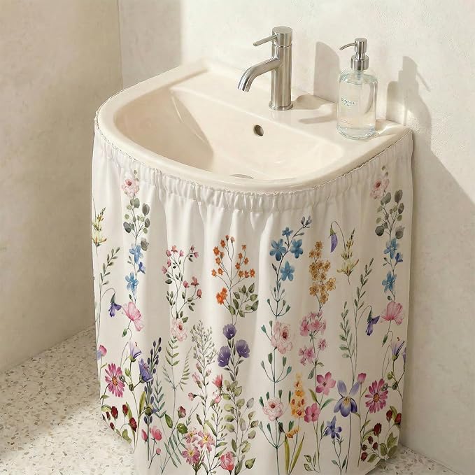 Wildflowers Sink Skirt for Bathroom, Self Stick Adhesive Waterproof Fabric, Under Sink Curtain Skirt, Pedestal Sink Accessories Decor