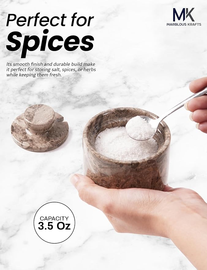MARBLOUS KRAFTS Marble Salt Cellar Oceanic 3" Flaky Salt Dish for Countertop Ideal Spice Box, Candy Bowl, Brown Sugar Jar with Lid and Spoon, Kitchen Storage, Ideal Mother’s Day Gift for Mom