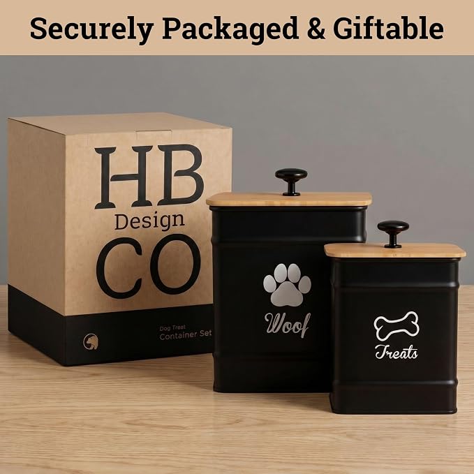 Dog Treat Container Airtight Set of 2 - 8x6 & 7x5 inch Iron Dog Treat Jars for Kitchen Counter with Airtight Bamboo Lids - 20 Cup Capacity Pet Treat Container Set - Doggie Cookie Jar - Treats Canister
