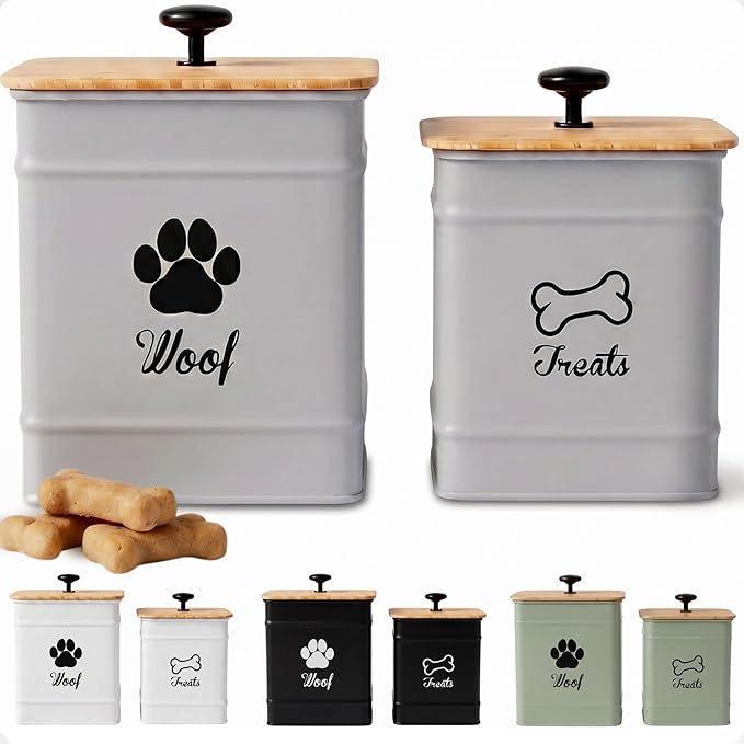 Dog Treat Container Airtight Set of 2 - 8x6 & 7x5 inch Iron Dog Treat Jars for Kitchen Counter with Airtight Bamboo Lids - 20 Cup Capacity Pet Treat Container Set - Doggie Cookie Jar - Treats Canister