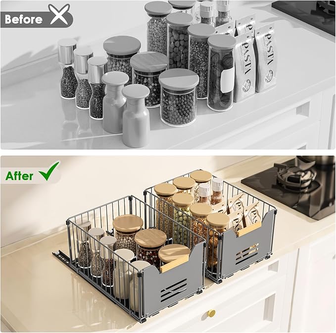 2 Pack Pull Out Cabinet Organizer, Slide Out Drawers for Cabinets, Peel and Stick, Heavy Duty Shelves for Kitchen, Cupboard, Pantry, Bathroom, Tall Style - Gray（14.76" D*9.64" W*7.48" H）