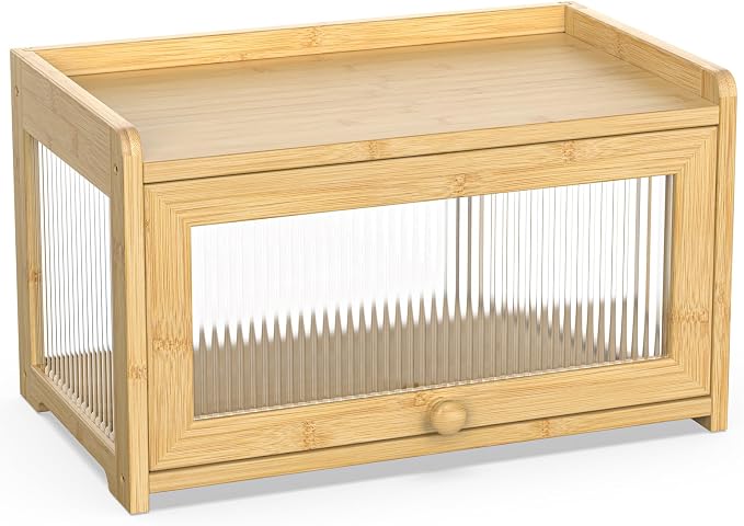 BAMBANG Bamboo Bread Box for Kitchen Countertop, Extra Large Farmhouse Bread Box with 4-Side Clear Panels, Wooden Bread Storage Container for Homemade Bread, Natural