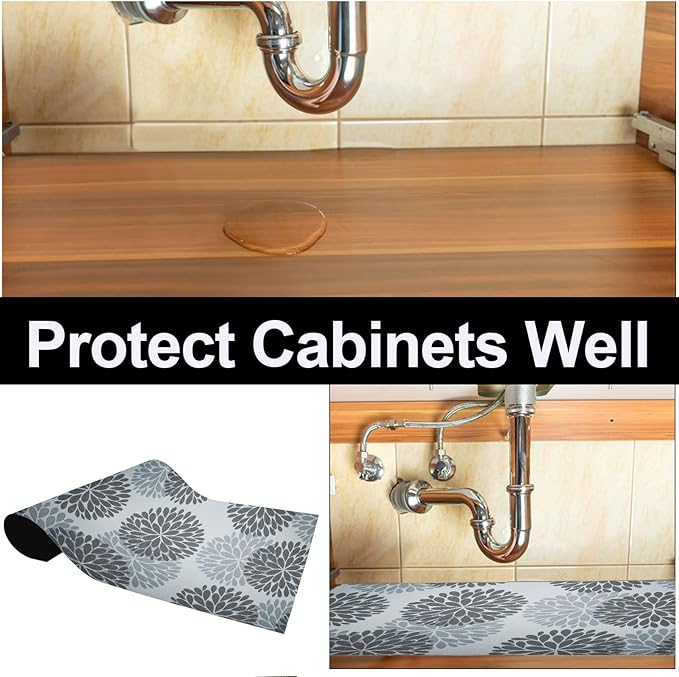 AiBOB Waterproof Under The Sink Mat, Absorbent Quick Dry Sink Liners Protect Cabinets, Durable Shelf Liners, Slip Resistant and Non-Adhesive, 24X36, Grey/Flower