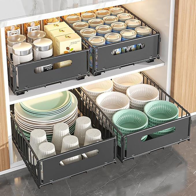 Pull Out Cabinet Organizer Fixed, Pull Out Drawers for Cabinets in Kitchen, Pantry or Bathroom, No Drill Roll Out Shelves Adhesive