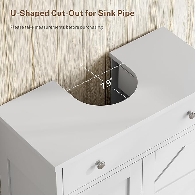 TEENFON Pedestal Sink Storage Cabinet with 2 Barn Doors and Drawer, Bathroom Sink Cabinet with U-Shape Cut-Out, Pedestal Sink Cabinet, White