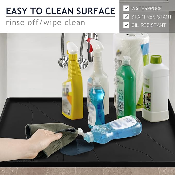 Heavy Duty Silicone Under Sink Mats for Kitchen Waterproof 37" x 22", Extra Thick Under Sink Rubber Mat Drip Tray, Raised Edge Under Sink Liner,Prevent Drips, Leaks, Spills,Black