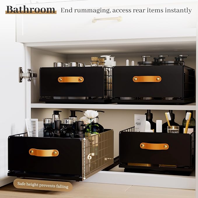 Pull Out Cabinet Organizer, No-Drill Pantry Drawers, Slide Out Shelves with Bamboo Risers for Lipped Cabinets,Ideal for Kitchen, Bathroom & Under Sink Storage (Black, 11.8" Wide-15.7" Deep)