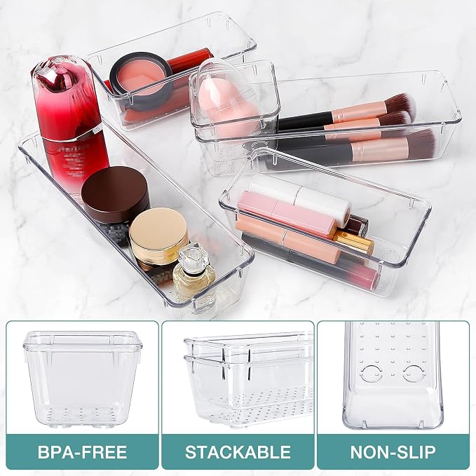 StorMiracle 16 PCS Drawer Organizer Set, 5 Varied Size Bathroom and kitchen Drawer cabinet organizer Trays, Clear Storage Bins for Makeup, Jewelry, Utensils and Gadgets