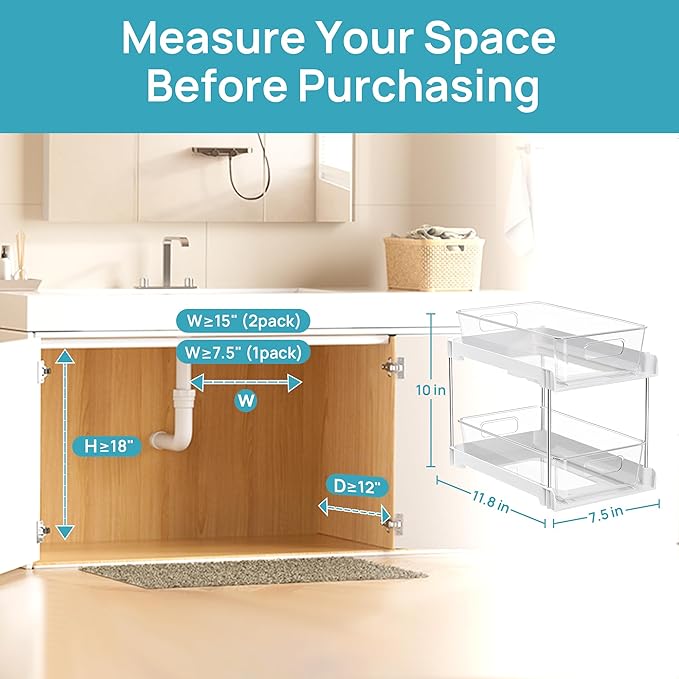 Vtopmart 4 Pack Bathroom Organizer, 2 Tier White Under Sink Organizers Vanity Countertop Storage Container,Cabinet Drawers Bins, Pull-Out Organization with Track for Pantry, Kitchen
