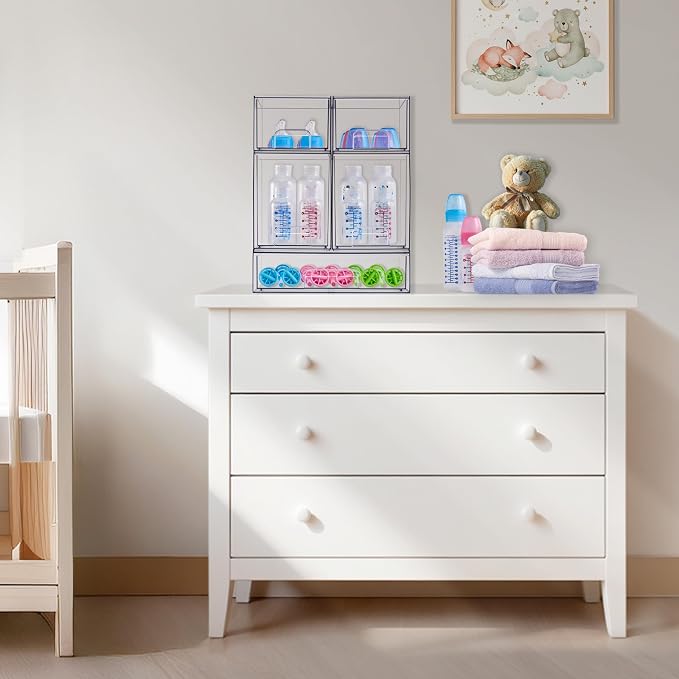 Sorbus Wide Stackable Acrylic Storage Drawers, 4 Pack Clear Plastic Organizer Bins for Baby Bottles, Makeup, Bathroom, Vanity &Countertop Organization, Pull-Out Drawer Design for Cabinets & Pantry