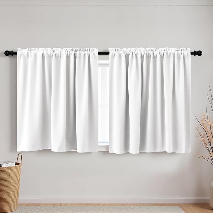 KOUFALL White Rod Pocket Blackout Tier Short Curtains 52x24 Inches Long