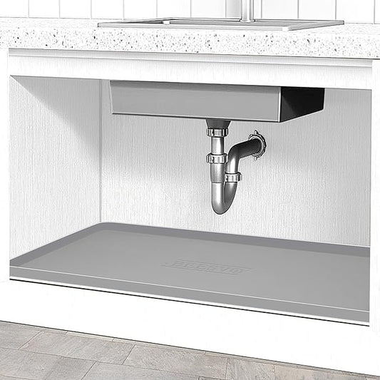 BEESVO Under Sink Mat for Kitchen Waterproof, 28" x 19" Silicone Under Sink Liner Kitchen & Bathroom Cabinet Protector Mats, Heavy Duty Flexible Under Sink Drip Tray with Lip, Cool Grey