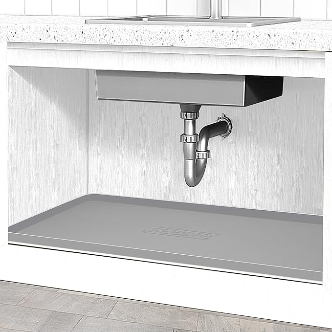 Under Sink Mat for Kitchen Waterproof, 34" x 22" Silicone Under Sink Liner Kitchen & Bathroom Cabinet Protector Mats, Heavy Duty Flexible Under Sink Drip Tray with Lip, Cool Grey