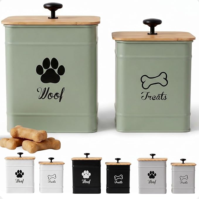 Dog Treat Container Airtight Set of 2 - 8x6 & 7x5 inch Iron Dog Treat Jars for Kitchen Counter with Airtight Bamboo Lids - 20 Cup Capacity Pet Treat Container Set - Doggie Cookie Jar - Treats Canister