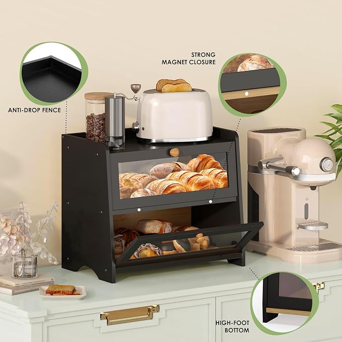 JANSNIMEN Large Bread Box for Kitchen Countertop, Double Layer Breadbox Bread Container Storage with Acrylic Door, Wooden Farmhouse Bread Holder (Black, Large-16.54" L x 9.84" W x 14.96" H)