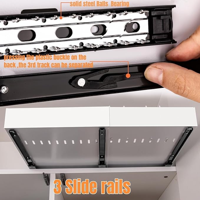Expandable Metal Pull Out Cabinet Organizer 21"Deep with Raising Pad for Framed Cabinets/Pantry,Upgrade 3 Slide Rails Sliding Drawer for Cabinets with Adhesive Adjustable Width 12.05"-20.4"White 1P