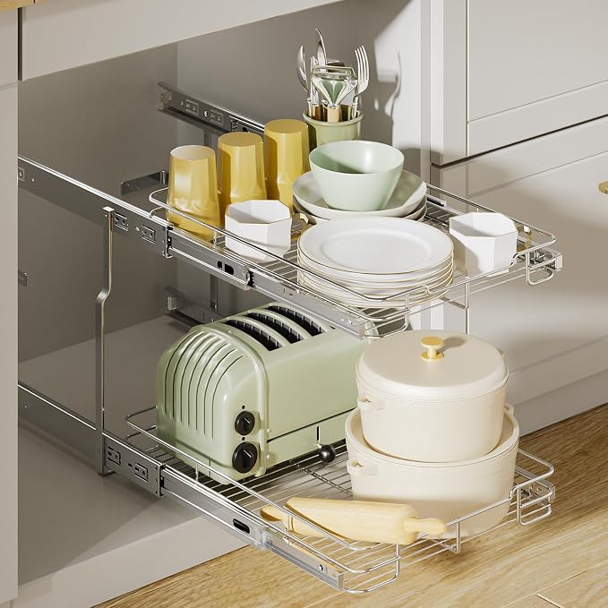 Delamu Pull Out Cabinet Organizer 2-Tier 14" W x 21" D Heavy Duty Chrome-Plated Slide Out Drawers, Kitchen Drawer Organizer Pull Out Shelves for Pots & Pans, Home Pantry Cans & Spices, Silver
