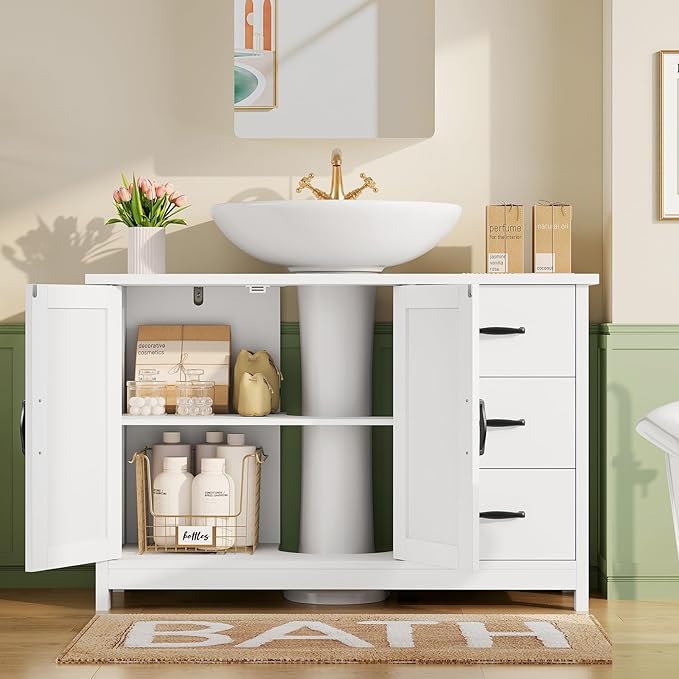 TEENFON Pedestal Sink Storage Cabinet with 2 Doors & 3 Drawers, Bathroom Sink Cabinet, Under Sink Storage with U-Shape Cut-Out, White