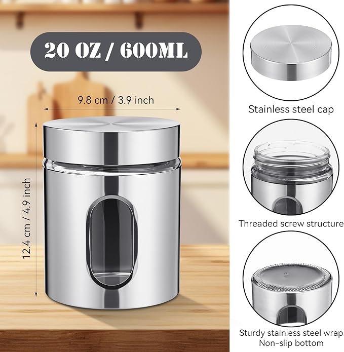 Mimorou 3 Pcs Stainless Steel Canister Set with Glass Windows Visible Storage Jars Silver Kitchen Canister Set for Pasta Flour Oat Sugar Container, Kitchen Tools, Housewarming Gifts (20 oz)