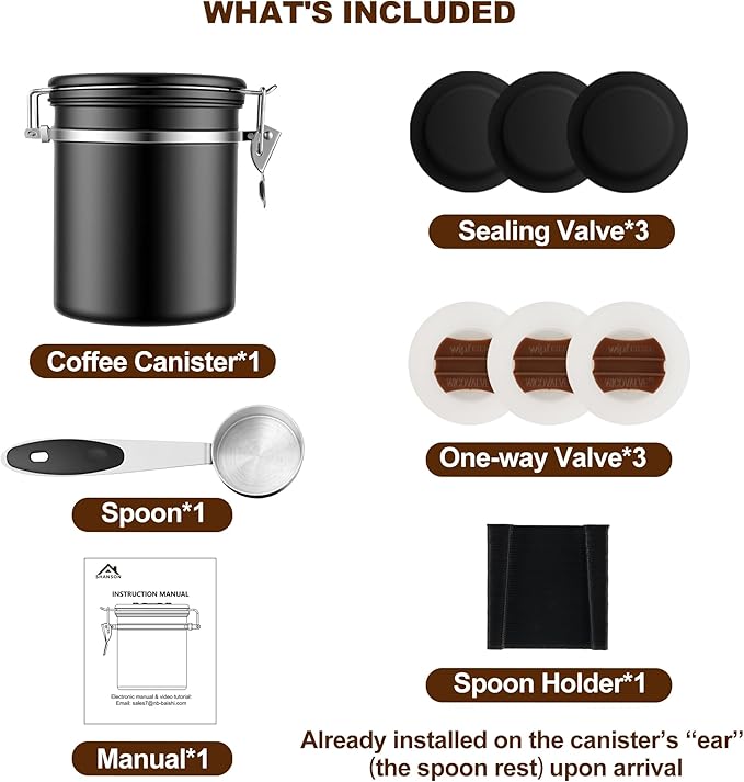 ShanSon Coffee Canister Airtight, Stainless Steel Bean Storage Container with Date Tracker & Scoop, Grounds Sugar Flour Tea Cereal Fits Kitchen Pantry, Ideal Gift for Coffee Lovers,16oz, Black
