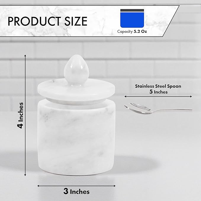Marble Salt Cellar with Lid – White 4 Inch Table Salt Container, Salt Jar, Salt Dish, Salt Holder, Spice Jar, Sugar Bowl, Seasoning Container, Salt Dispenser for Kitchen Countertop