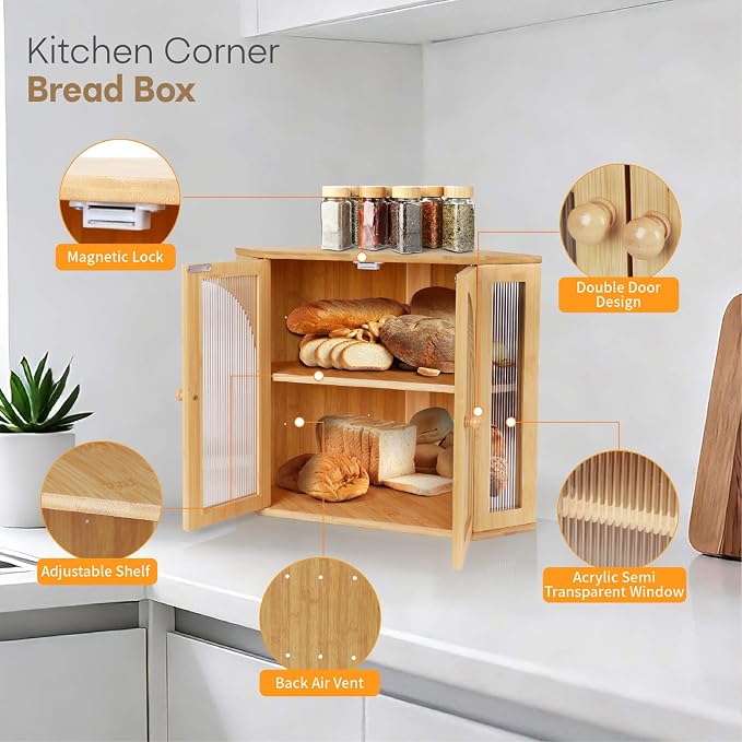 Corner Bread Box for Kitchen Countertop, Double Layer Bamboo Bread Storage Container for Homemade Bread, Large Capacity Bread Holder with 3 Adjustable Height for Counter, Natural